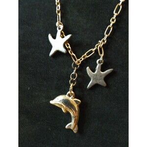 20" Women's Necklace Antique Tone Chain W/ Dolphin & Stars